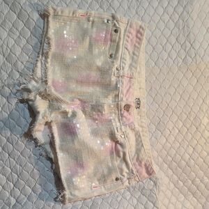 PINK Victoria's Secret White and Pink Sequin Jean Shorts